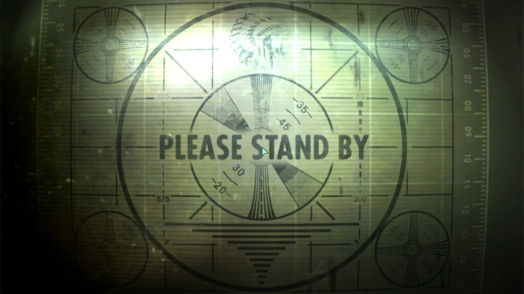 Screenshot from the game Fallout 3, opening credits: an old TV test pattern in black and green saying "Please Stand By" in retro-futuristic text and graphics.
