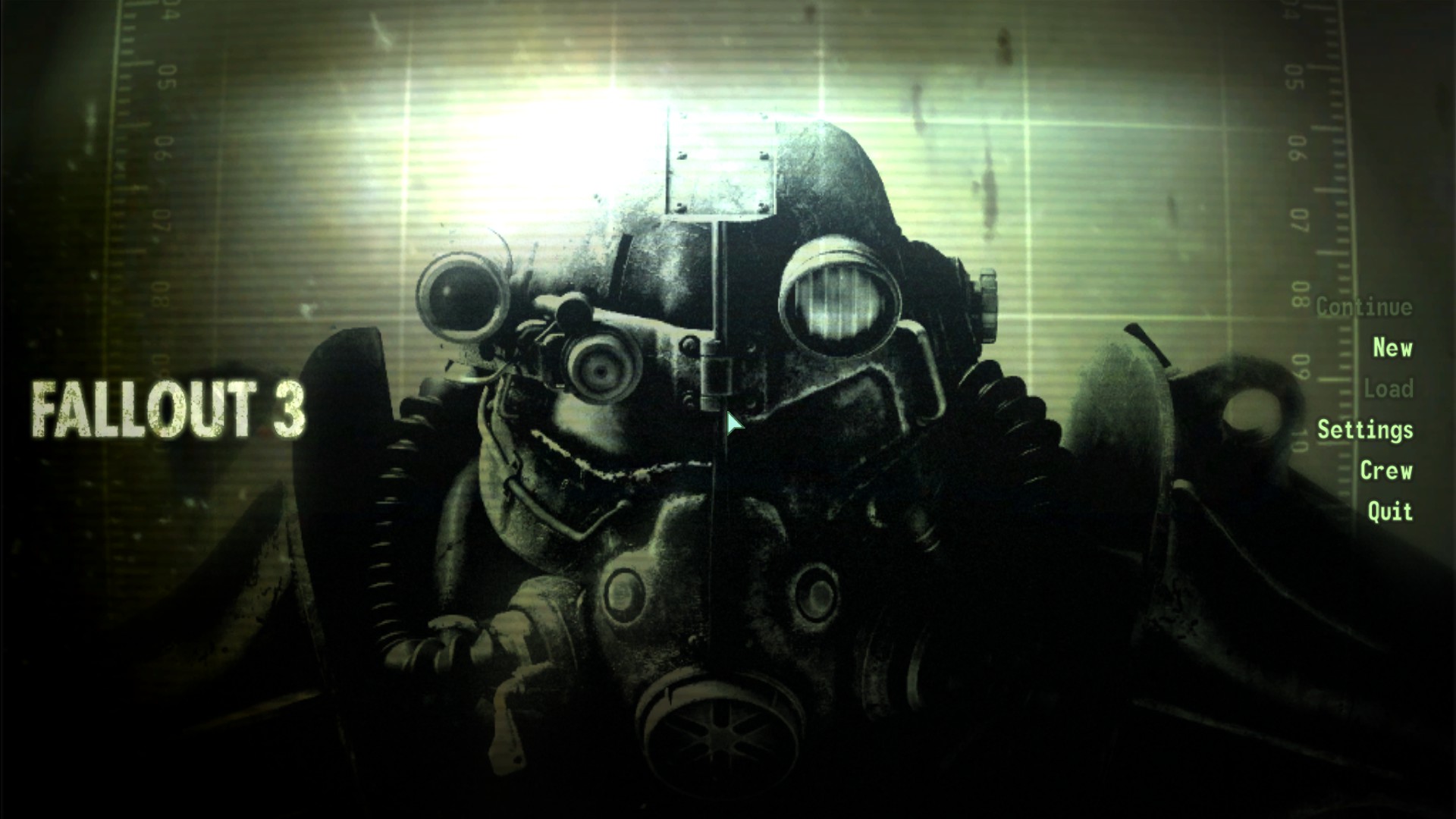 Title screen from Fallout 3: in green and black, the helmet of a set of T-60 power armor with the title Fallout 3 in retro-futuristic text.