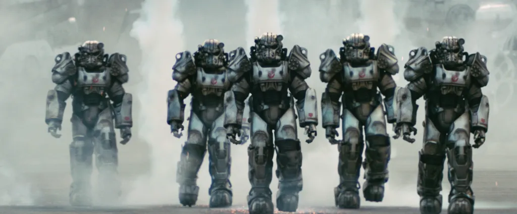 A squad of Brotherhood of Steel knights in T-60 power armor approaches the camera. 