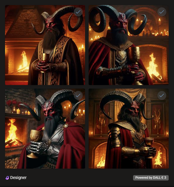 Four images generated by Microsoft Copilot from the prompt "Obadiah Stane from Iron Man, dressed in medieval robes and armor, with dark red skin and long black ibex-style horns, holding a golden goblet in front of a roaring fireplace"
