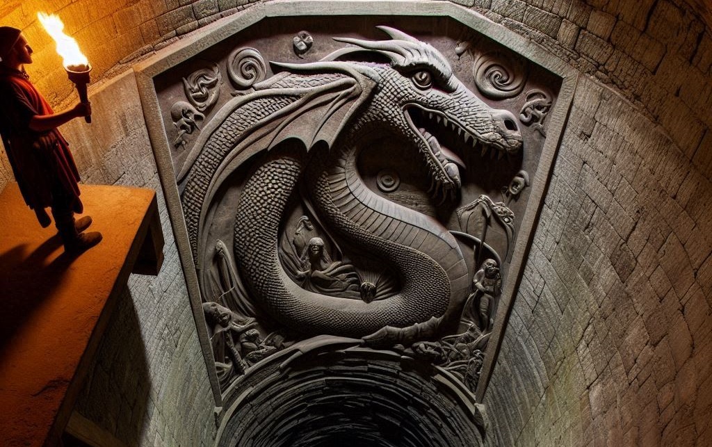 Image generated by Microsoft Copilot from the prompt "Looking out over a large shaft carved out of the earth going down deep. On the far wall is carved a bas relief of a dragon whose head is at eye level, and whose body extends down into the depths, its wings and arms extended out to ether side wrapping around the inside of the stone shaft. The observer, a dwarf carrying a torch, stands on a balcony opposite the dragon carving's head."