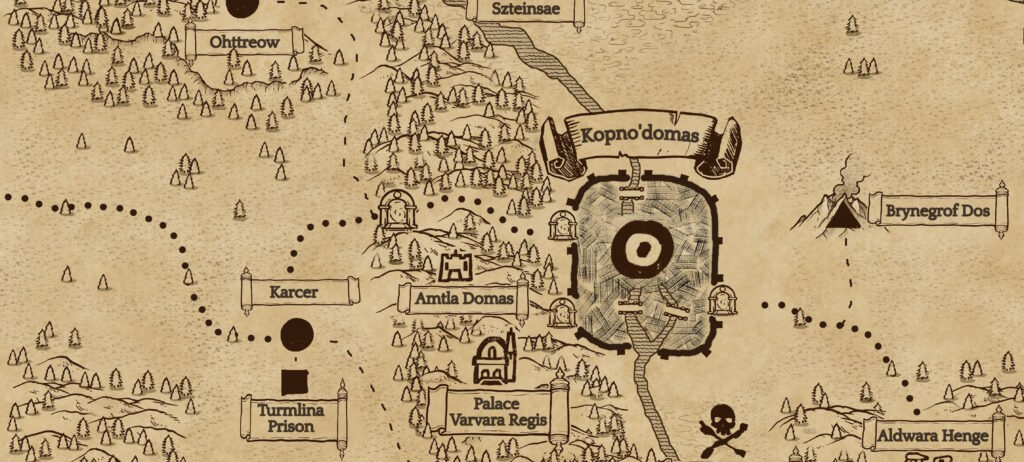 Screenshot of a portion of the map for my D&D campaign, a piece of digital art in an old-fashioned style in sepia tones. It shows a large walled city, Kopno'domas, on a river, surrounded by suburbs and villages, forests and hills, ruins and settlements.