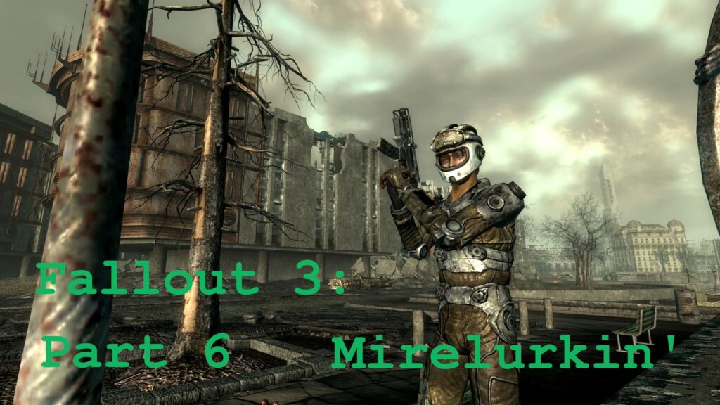 Screenshot from Fallout 3 showing the protagonist (white boy with glasses, head covered by a motorcycle helment, holding a submachine gun up, along the irradiated Potomac River. The DC ruins are in the background.