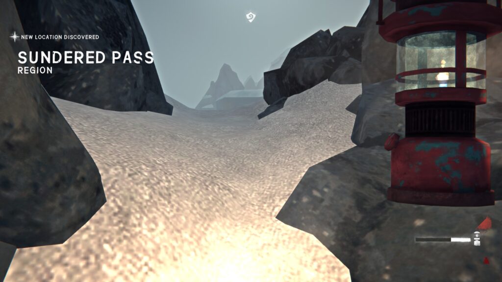 Screenshot from the game The Long Dark showing a first person view of a snowy trail leading up from a rocky cave. A hand holds up a battered red storm lantern giving off some light. The vantage point beyond is foggy and gray. The words "New location discovered: Sundered Pass region" appear in the upper left corner.