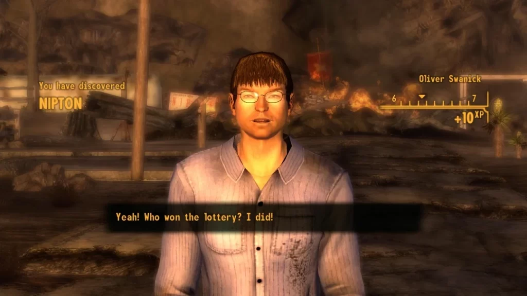 Screenshot of that annoying guy in Fallout New Vegas that yells about winning the lottery. Dark hair, glasses, punchable face, tattered clothing. The caption reads "Yeah! Who won the lottery? I did!" but the caption does not do justice to just how annoying this guy sounds yelling it, especially because it's outside Nipton which is on fire and devastated by Caesar's Legion. Everyone hates this guy.