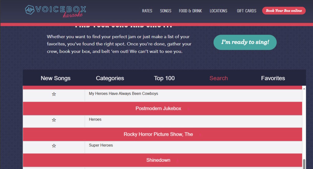 Screenshot from the Voicebox Karaoke website song search page. Postmodern Jukebox's Heroes is in the middle of the list.